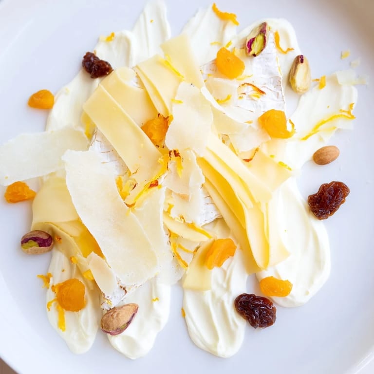 Visualize the beautiful Saffron Silk cheese board: delicious cheeses, crackers, and honey, ready to enjoy.