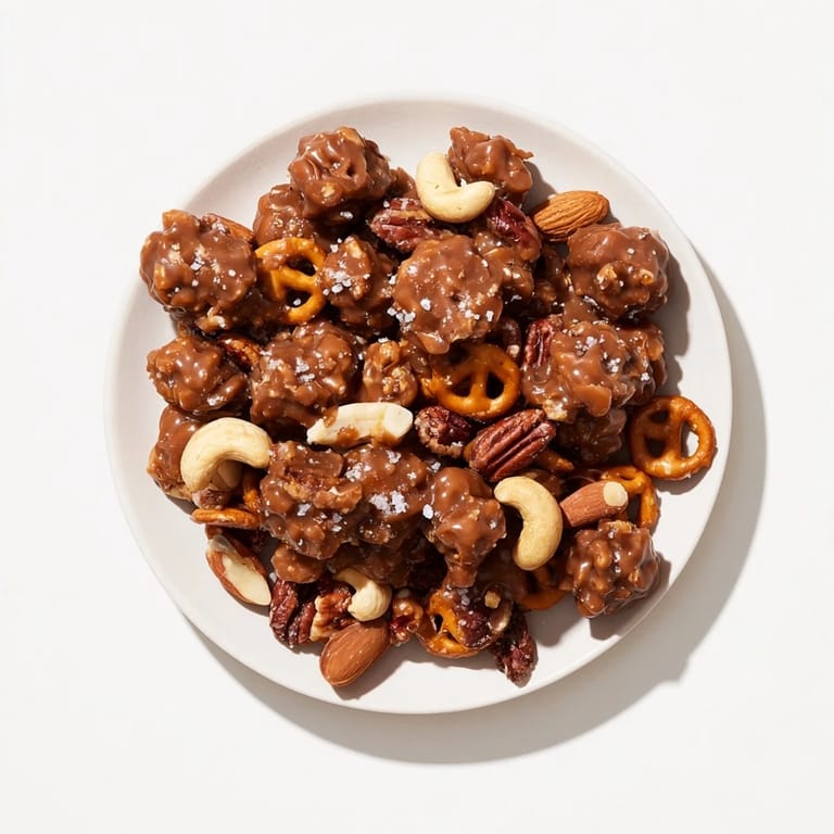 A generous bowl of salted caramel pretzels and nuts, a delightful party snack for everyone.