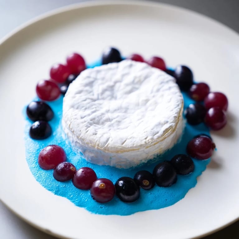 A close-up of The Floating Island, showing a soft cheese wheel and the colorful yogurt sea dotted with grapes.