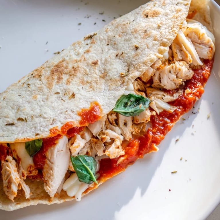 A quick and easy Tortilla Pizza Wrap with Chicken boasts melty cheese and flavorful Italian herbs.