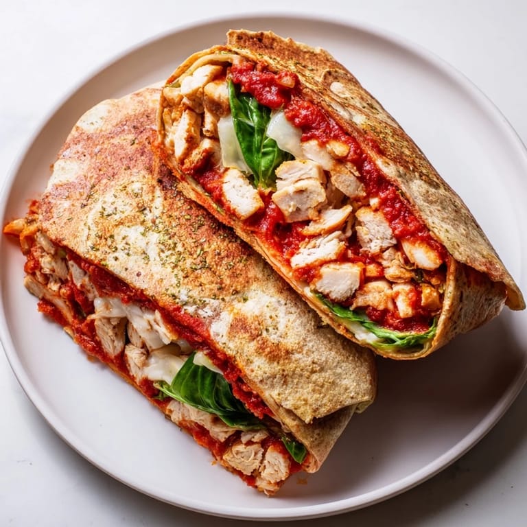 Warm Tortilla Pizza Wrap with Chicken is folded, toasted, and filled with tasty chicken and marinara.