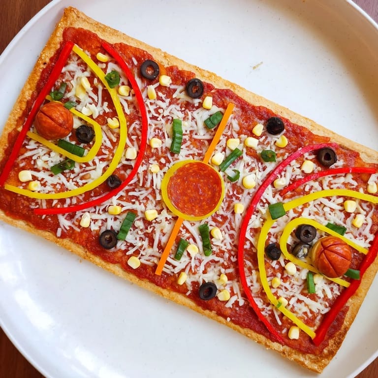 This fresh from the oven, Basketball Court Pizza features melty cheese and colorful pepper court lines, so delicious.