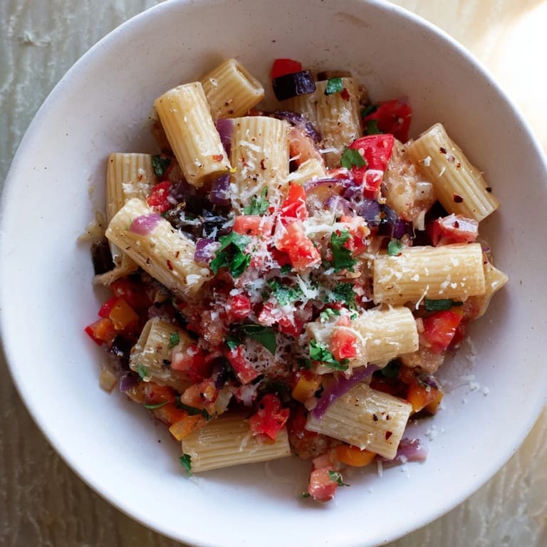 Close-up of One-Pot Diavola Spicy Pasta with red pepper flakes, showcasing its delicious, fiery flavors.