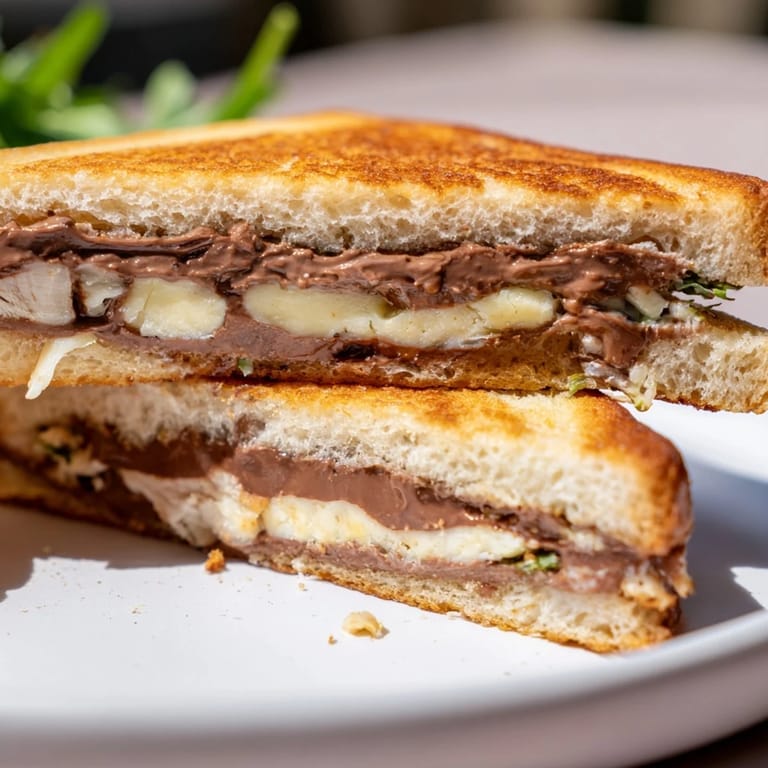 Indulge in a Nutella Grilled Cheese with Chicken; the gooey brie and hazelnut flavors melt deliciously in this sandwich.