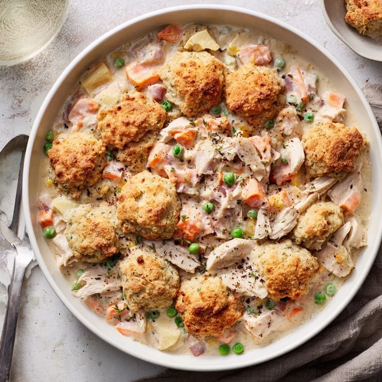 Warm, homemade Chicken Cobbler with Red Lobster mix, with a garnish of parsley, perfect for a cozy dinner.