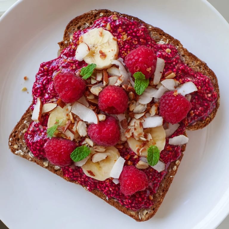 Picture creamy, homemade raspberry chia jam spread thickly on toasted bread, a satisfying vegan treat.