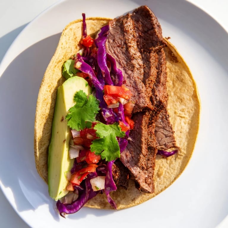Close-up of juicy Coffee-Rubbed Steak Tacos showing tender beef and colorful fresh toppings, a delicious meal.