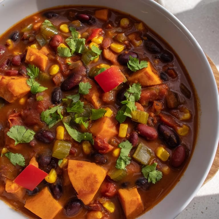 Hearty and flavorful, this Smoky Sweet Potato Chili has a deep red color and inviting aroma.