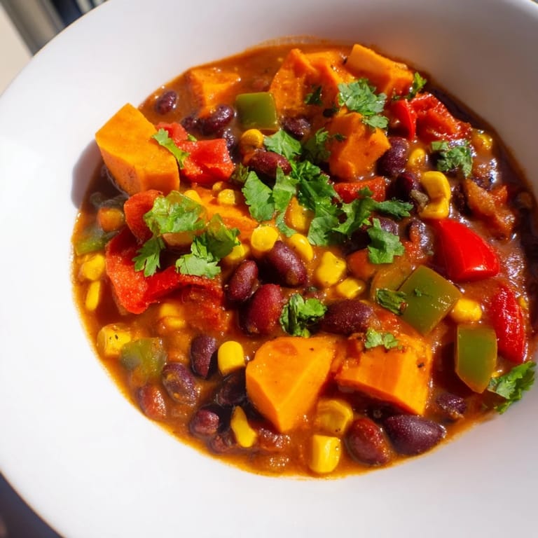 Fresh cilantro tops a bowl of the delicious Smoky Sweet Potato Chili, perfect for a cozy dinner.