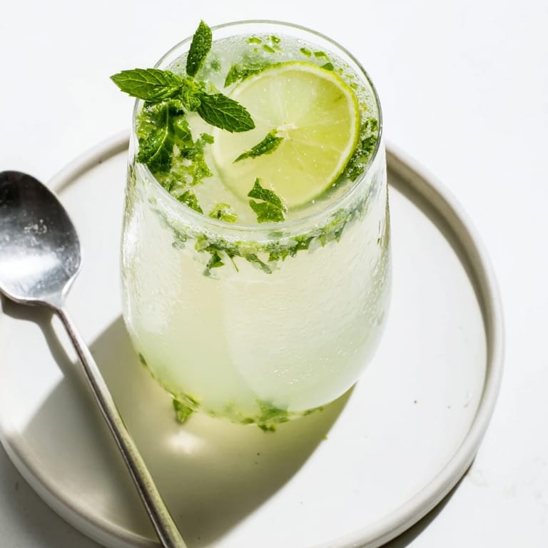 Bright green Mint Lime Agua Fresca, blended with fresh mint and lime, served icy cold.