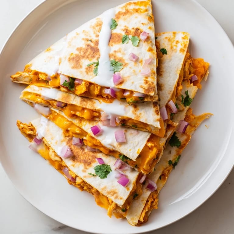 A close-up of a flavorful Buffalo Chicken Quesadilla, filled with chicken, vegetables, and creamy ranch, ready to serve!