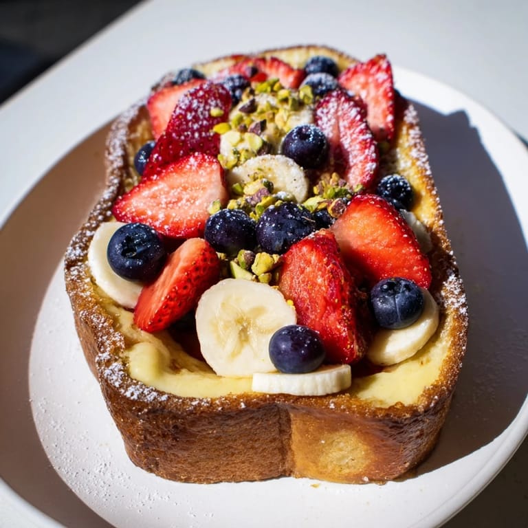Baked viral yogurt toast displaying a sweet yogurt custard and berries, perfect for a cozy brunch.