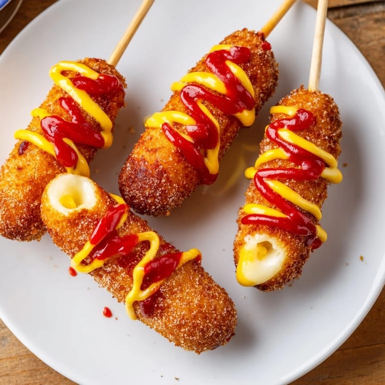Close-up of a delightful Cheesy Korean Corn Dog, freshly fried and sprinkled with sugar, a vibrant treat.