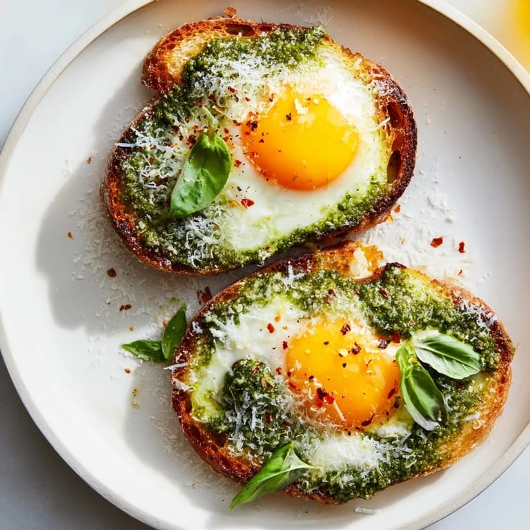 Crispy toast with basil pesto, topped with perfectly cooked eggs; a delightful Pesto Egg Toast.