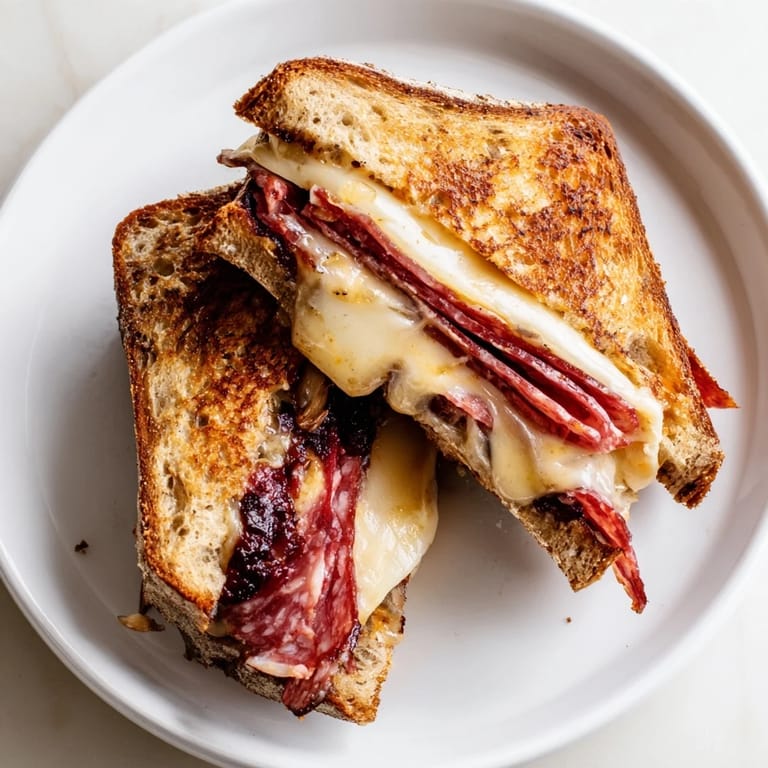 The irresistible pull-apart of a perfectly grilled Charcuterie Grilled Cheese with oozing cheese and meats.