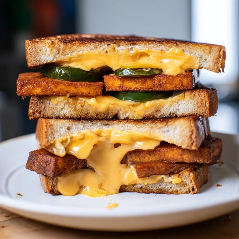 Perfectly grilled Spicy Crispy Tofu Grilled Cheese, offering a satisfying crunch and spicy flavor combination.