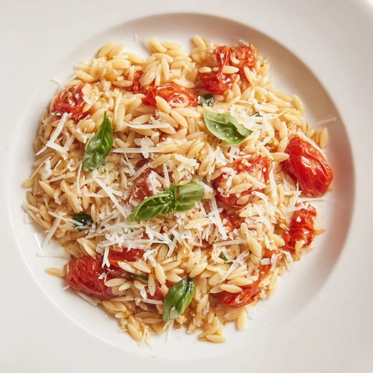 Close-up shot showing the vibrant colors of homemade Orzo Tomato Parmesan ready to serve.