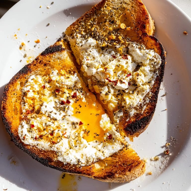 Mouthwatering image of Feta Fried Eggs Grilled Cheese with golden, crispy bread and a runny egg yolk.