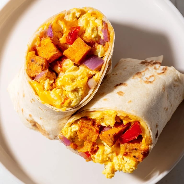 Steaming Sweet Potato Breakfast Burritos, overflowing with roasted vegetables and fluffy eggs, are perfect for breakfast.