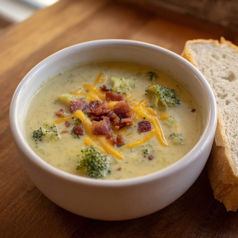 Creamy Broccoli Cheddar Soup served with golden buttered bread, perfect for a chilly evening.