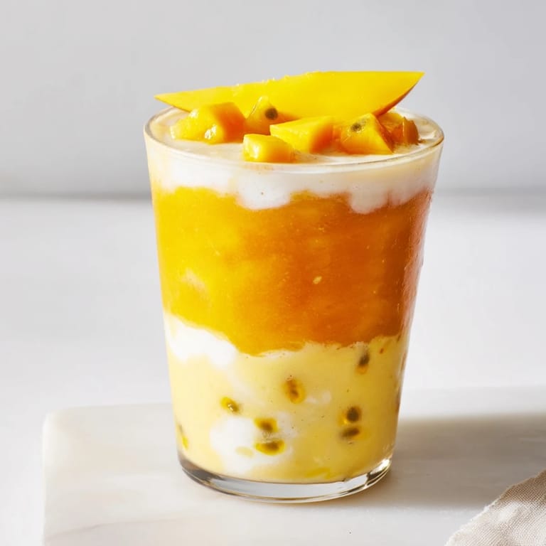 Cool and colorful Tropical Sunset Smoothie with mango, passion fruit, and orange juice; a healthy treat.