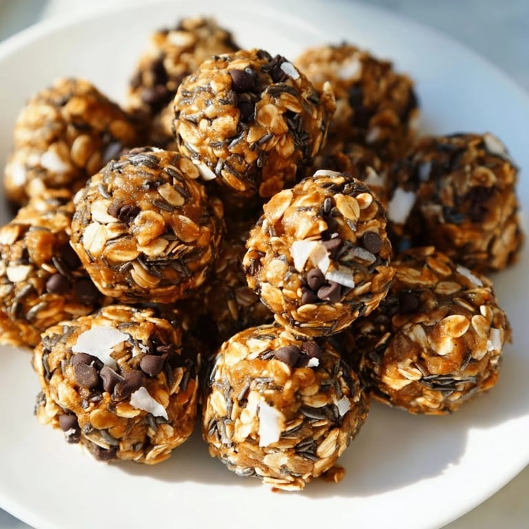 Close-up of delicious Almond-Chia Energy Bites with visible oats, gently rolled into perfect bite-sized treats to eat.