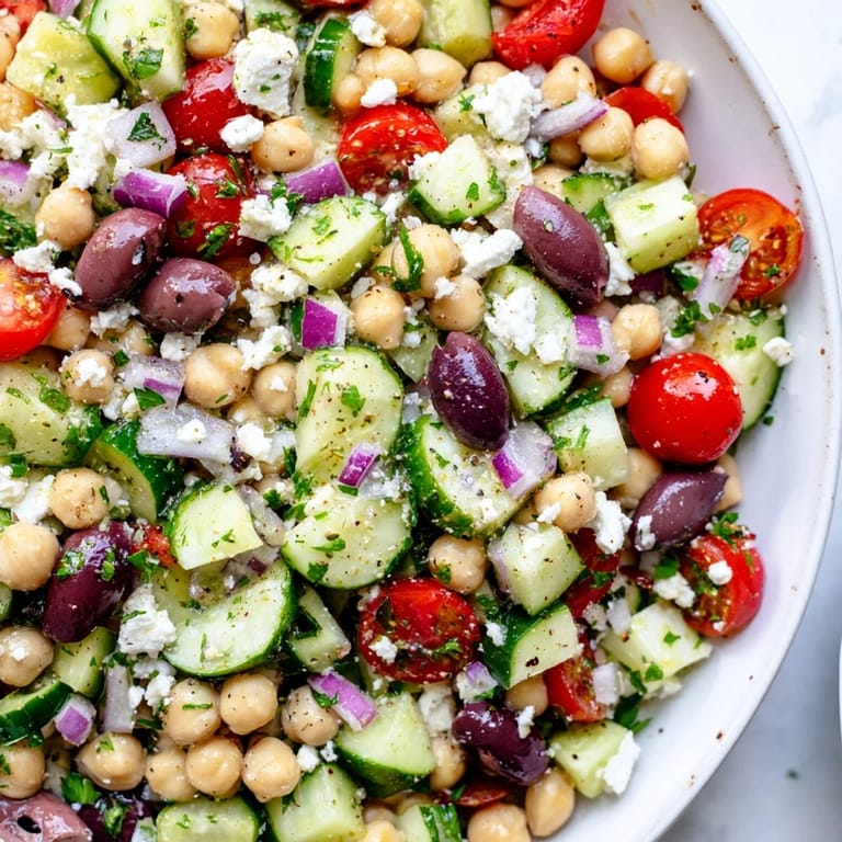 A refreshing bowl of Mediterranean chickpea salad, perfect for a light vegetarian lunch or side dish.