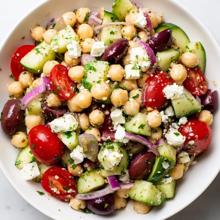 Bright, flavorful Mediterranean chickpea salad, showing a close-up of the ingredients before dressing and mixing.