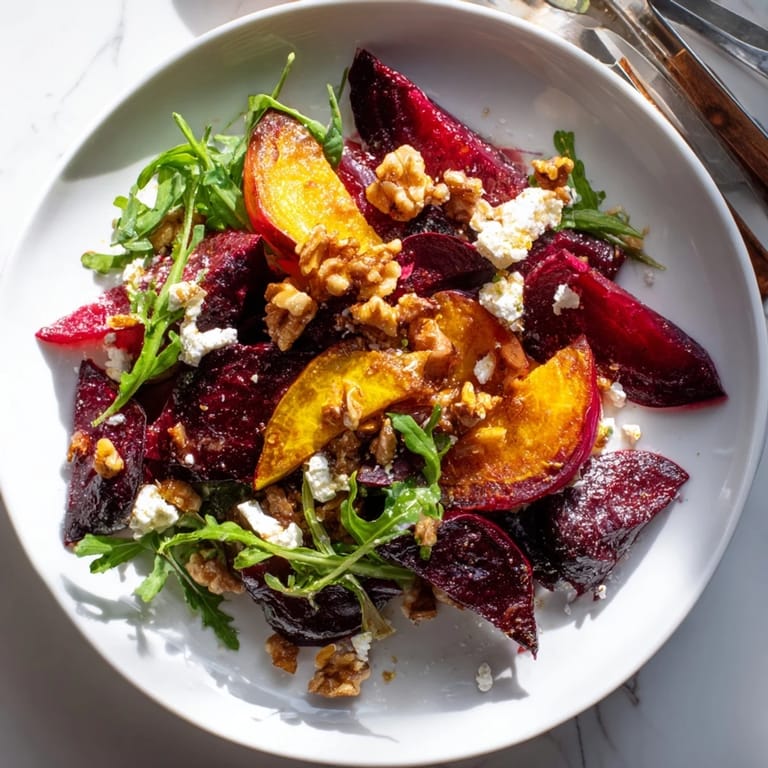 Bright, colorful Roasted Beet Walnut Salad drizzled with balsamic vinaigrette, a perfect lunch.