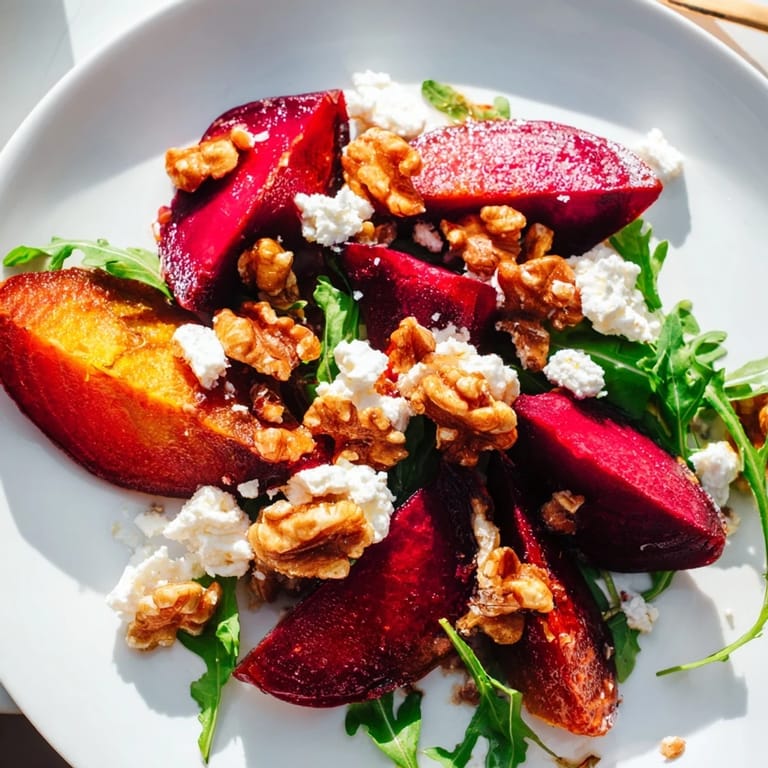 Freshly assembled Roasted Beet Walnut Salad with red beet wedges, ready for a delicious meal.
