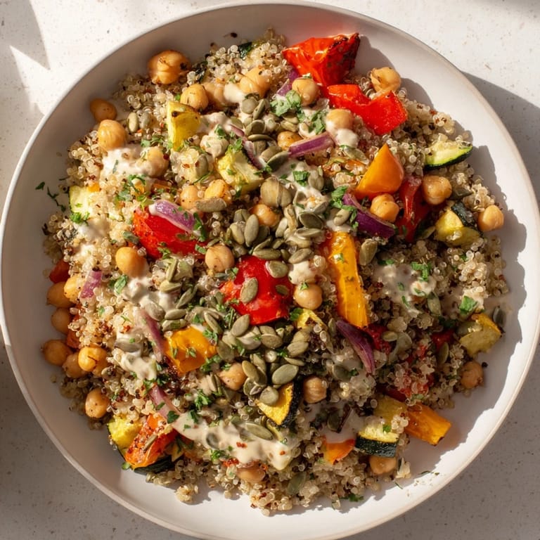 Hearty Quinoa Power Protein Salad featuring chickpeas and roasted vegetables, ready to eat as a meal.