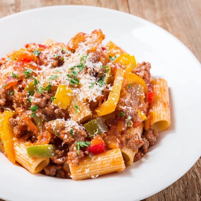 A steaming bowl of Sausage and Peppers Pasta with a sprinkle of fresh parsley looks delicious and inviting.