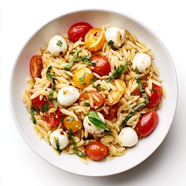 Cool and satisfying Caprese Orzo Salad: perfect for a light vegetarian lunch, bursting with flavor.