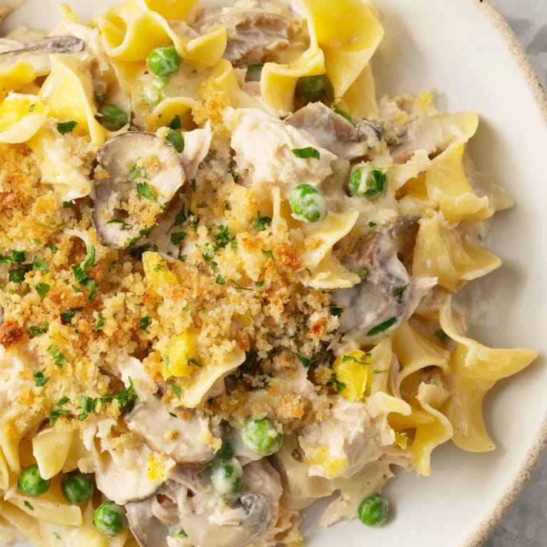 A generous serving of homemade Tuna Noodle Casserole 2.0, bubbling hot from the oven.
