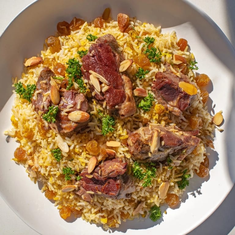 A vibrant close-up of Kabsa rice, with glistening grains, perfectly cooked meat, and toasted almonds.