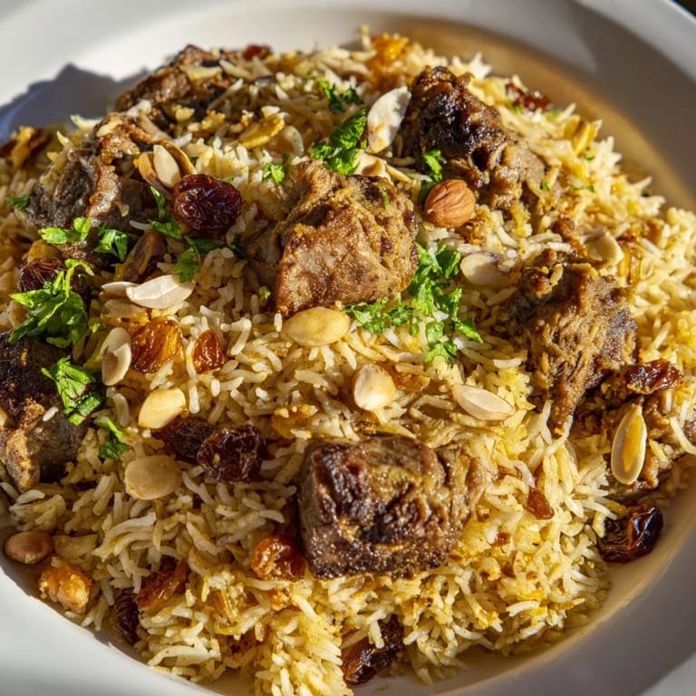 Steaming plateful of Kabsa rice; the Saudi Arabian dish smells of spices, herbs, and savory lamb and chicken.