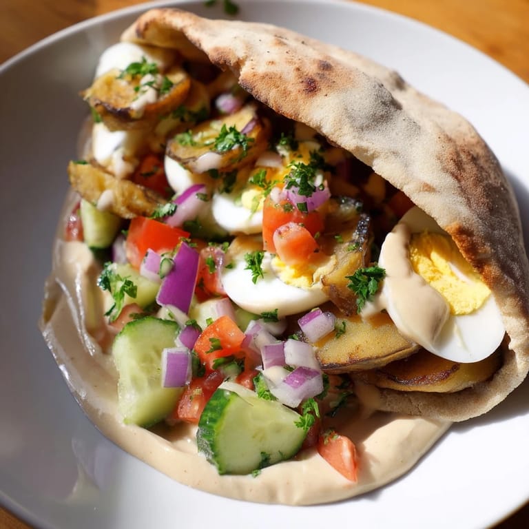 Enjoy a close-up of this stacked Israeli Sabich with fresh cilantro and a satisfying bite.