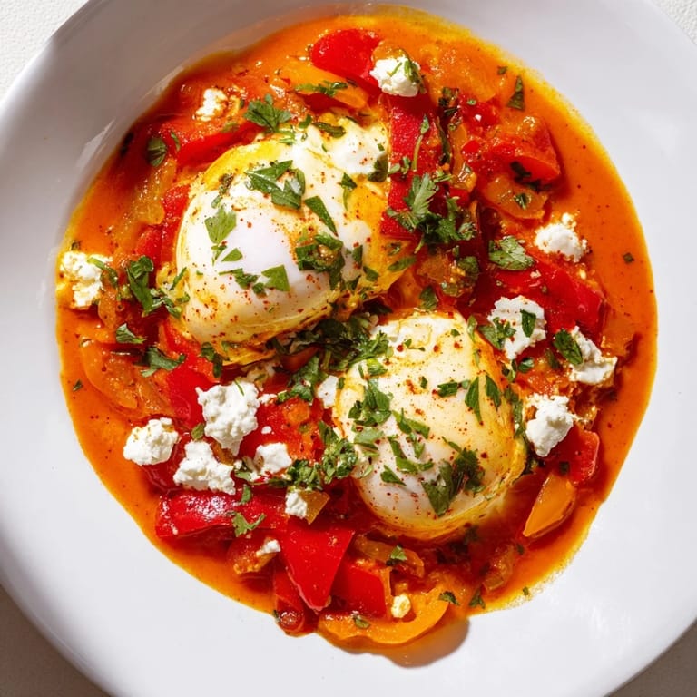 Bright red Israeli Shakshuka, perfectly poached eggs in flavorful tomato sauce, ready to serve.