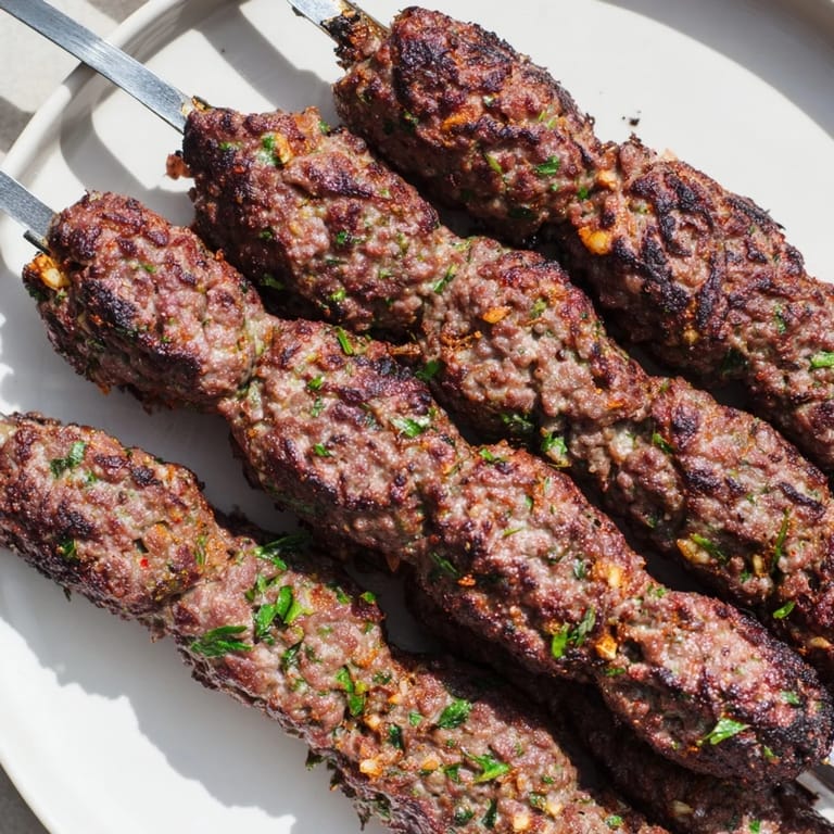 Aromatic Iraqi Kebab Tikka, served with fresh parsley and lemon wedges, ready for a flavorful bite.