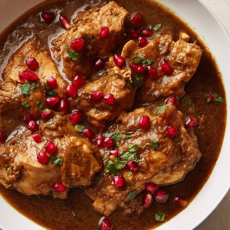 Close-up photo of rich, savory Iranian Fesenjan stew, perfect for serving with rice for dinner.