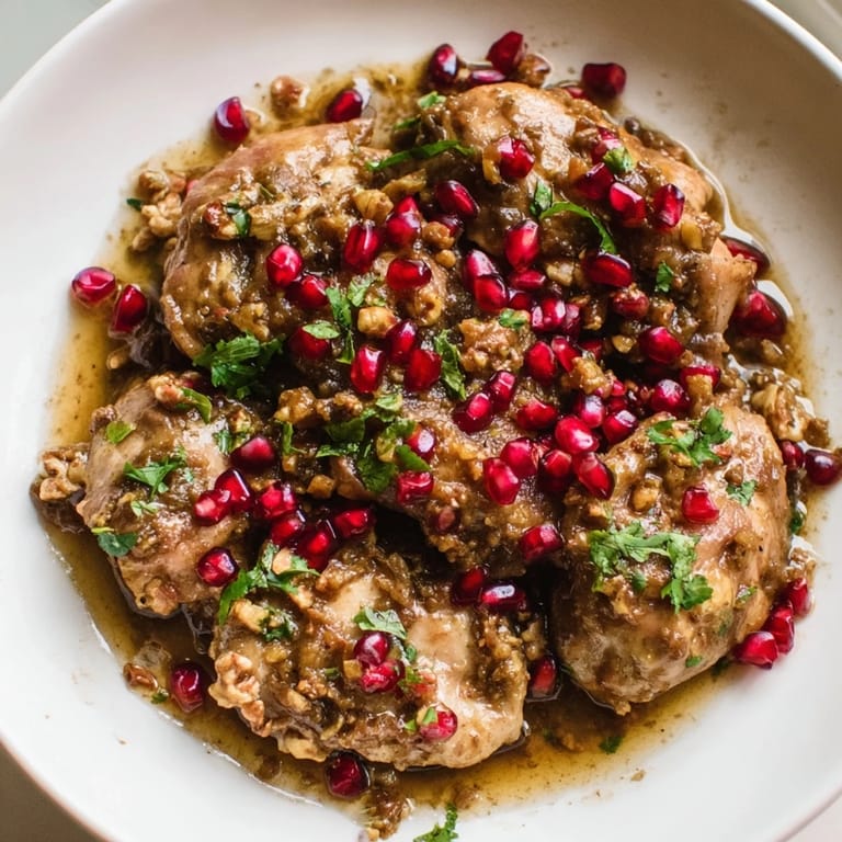 A bowl of delicious Fesenjan stew with glistening walnuts and pomegranate seeds alongside basmati rice.