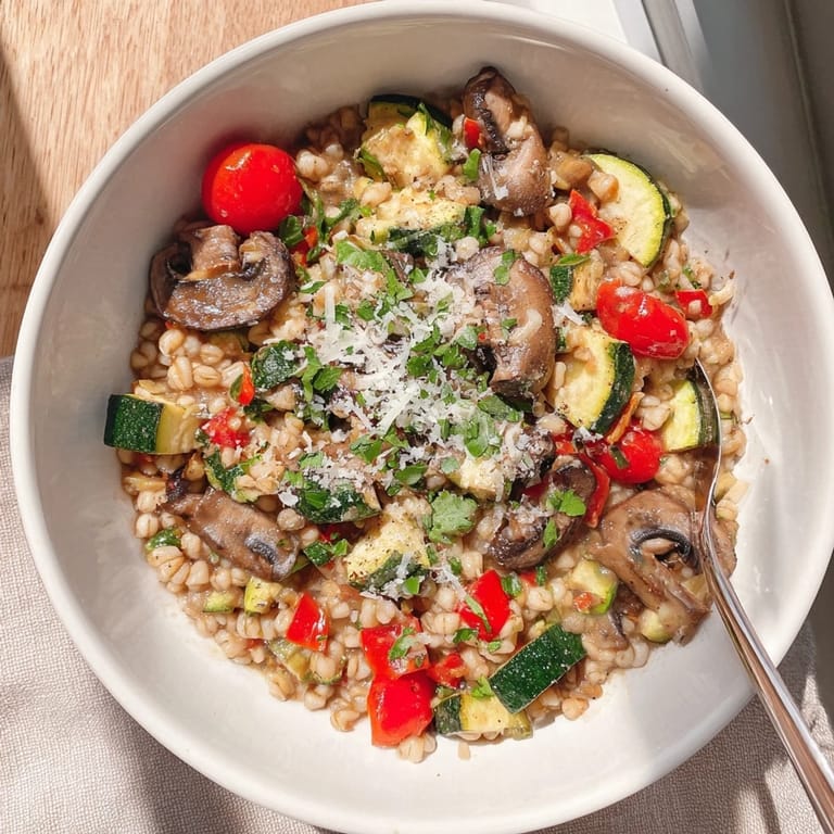 Serving suggestion for pearled barley creamy bowl with tender vegetables and a sprinkle of Parmesan or nutritional yeast.