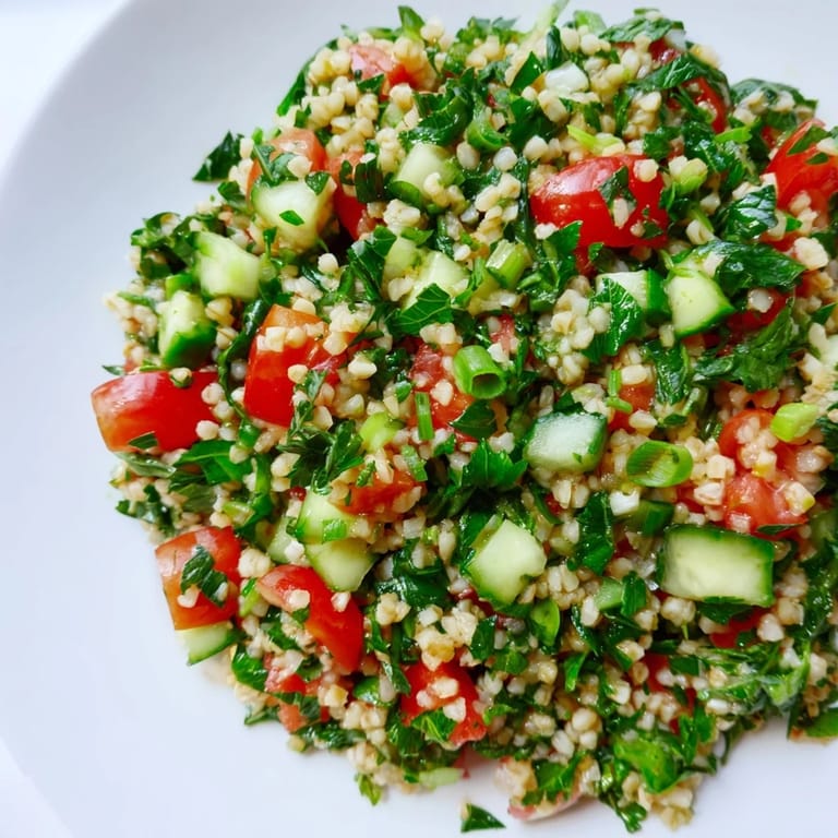Freshly tossed Bulgur Wheat Salad Tabbouleh in a rustic ceramic bowl, ready to be enjoyed as a light vegetarian side dish.