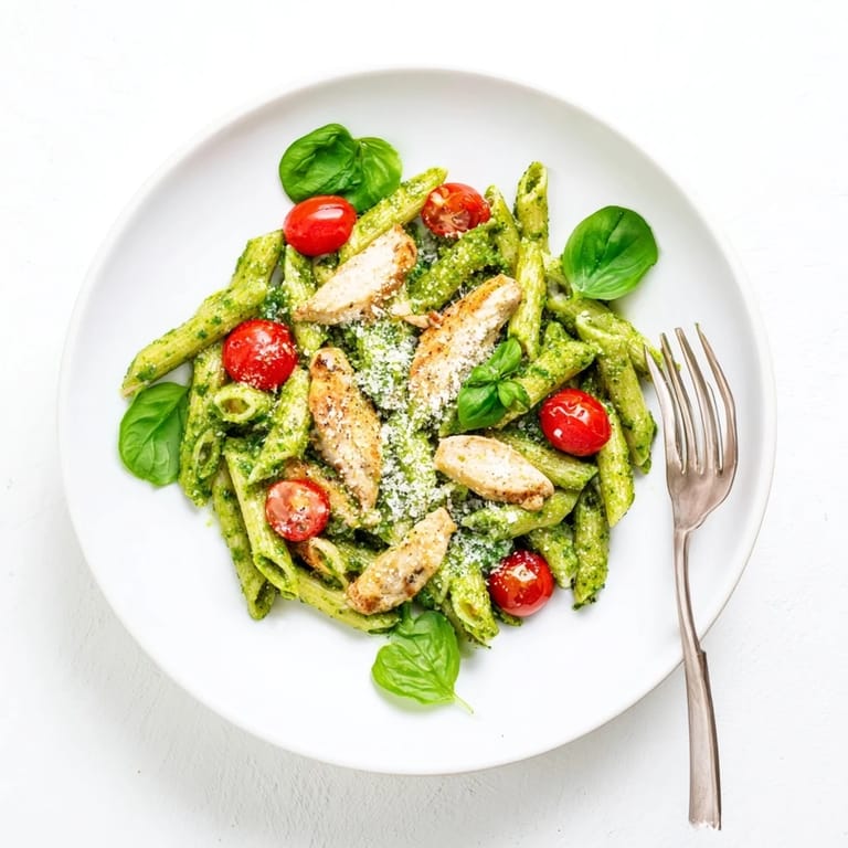 Golden grilled chicken slices and penne pasta coated in fresh basil pesto with cherry tomatoes and spinach.