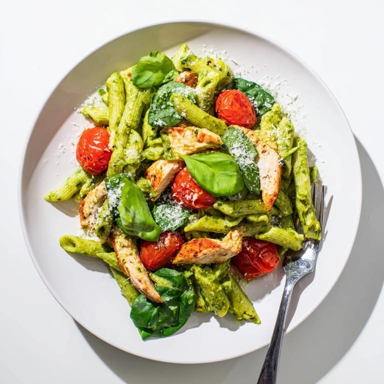 Pesto Chicken Pasta served hot with extra Parmesan and fresh basil leaves, perfect for a weeknight dinner.