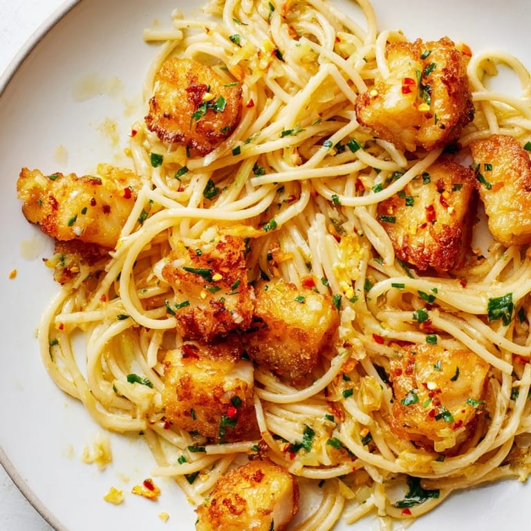 A close-up of flaky white fish and vibrant green parsley on a fork, with a warm pasta dish ready to serve.  