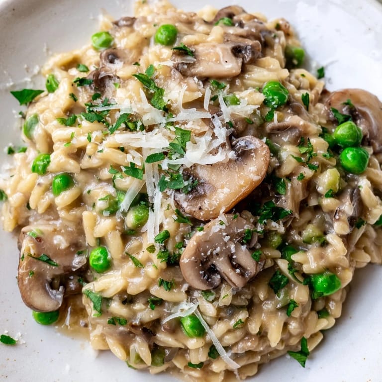 Steaming orzo mushroom risotto-style in a skillet, with golden mushrooms and fresh parsley, served as a comforting main dish.