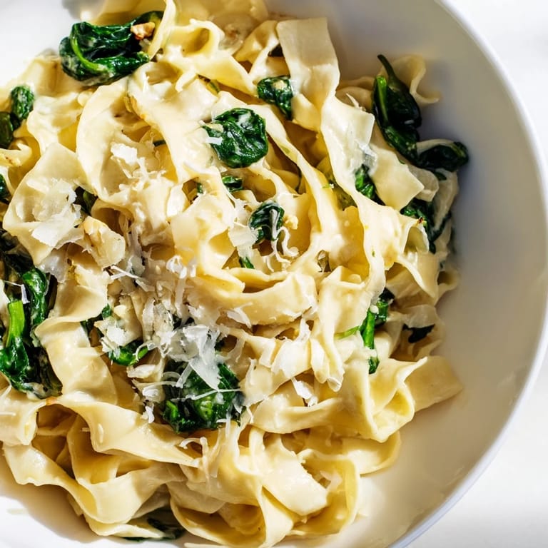 A close-up of Creamy Spinach Garlic Noodles in a skillet, garnished with Parmesan and ready to serve for dinner.