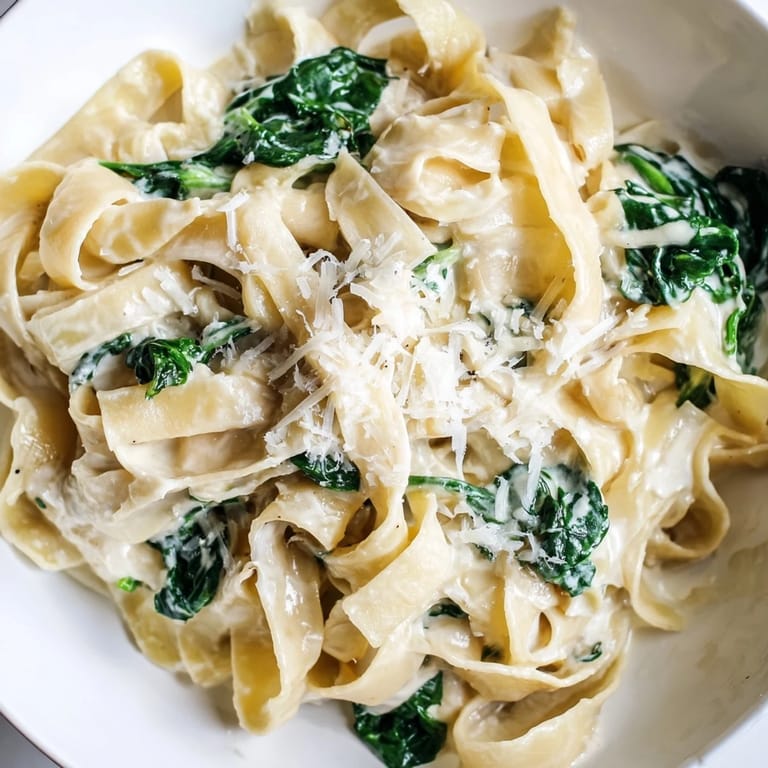 Steam rises from a bowl of Creamy Spinach Garlic Noodles, highlighting the silky sauce clinging to tender egg noodles.