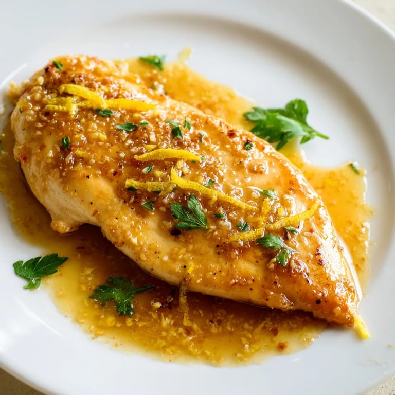 Close-up of tender Lemon Pepper Chicken topped with chopped parsley and a wedge of fresh lemon.